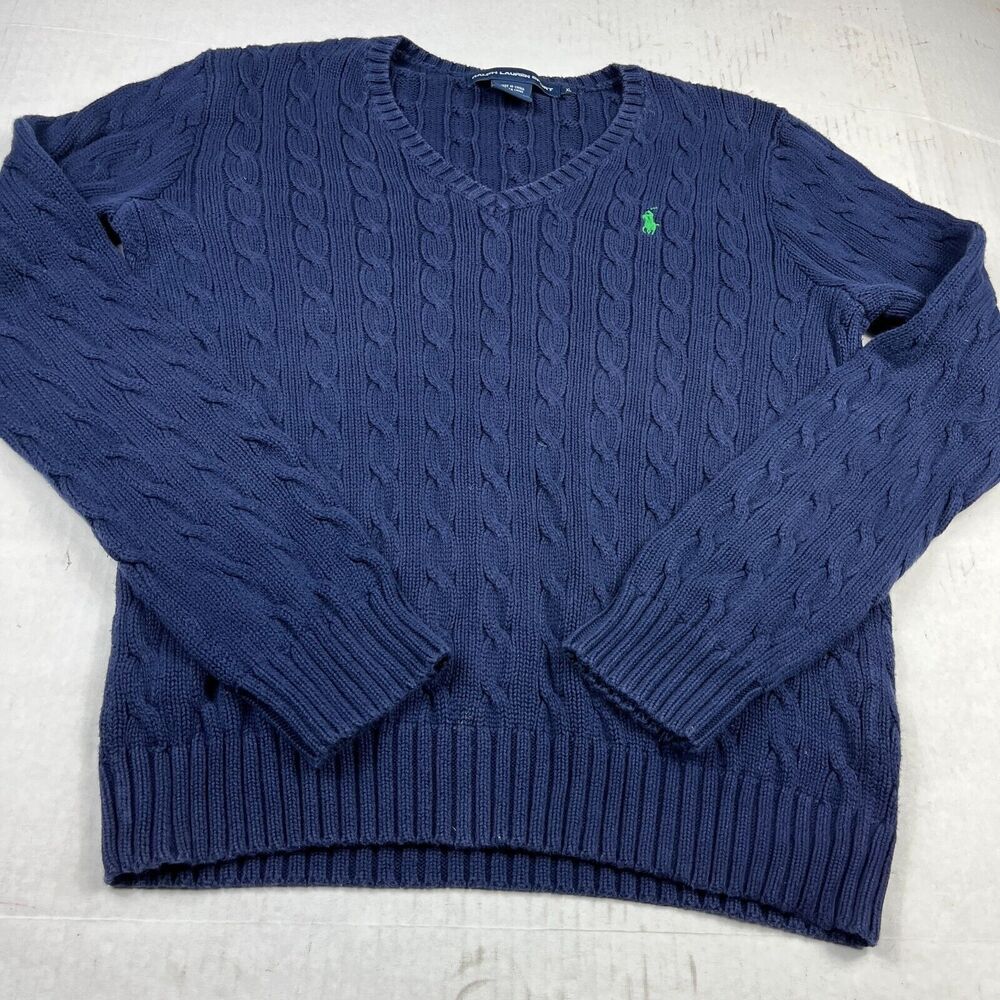 Ralph Lauren Sport Womens V-Neck Sweater Blue Long Sleeve Cable Knit Pullover XL - Picture 2 of 10